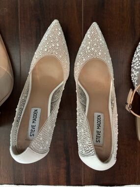 Steve Madden Ivory Pearl-Embellished Pointed Toe Flats